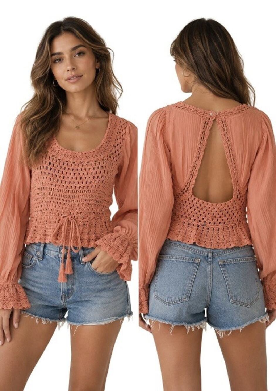 Free People Megan Crochet Tassel Boho Top Long Sleeve Coral Sand Approx Size XS